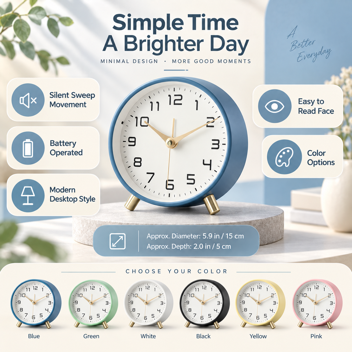 Silent Table Clock – Scandinavian Desk Clock, Non-Ticking
