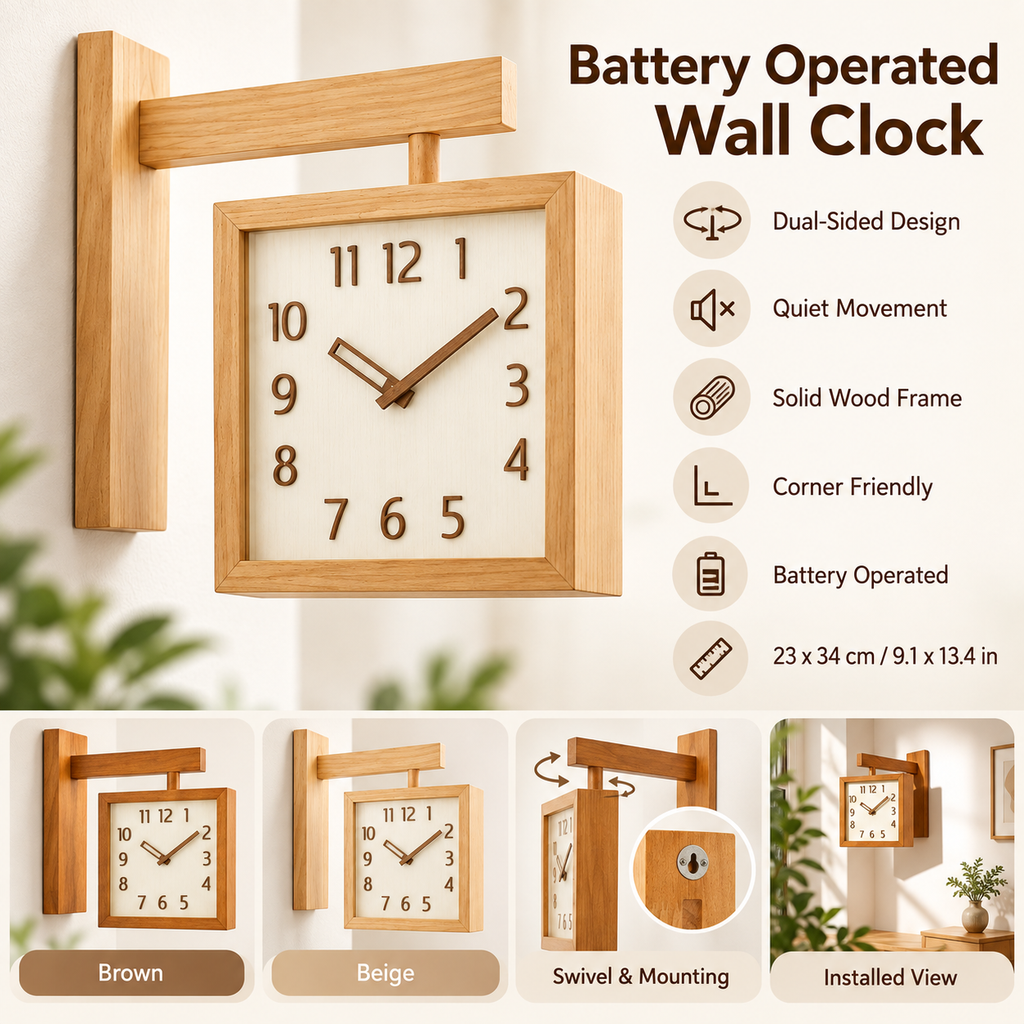 Wooden Corner Wall Clock – Double-Sided Pendulum Clock
