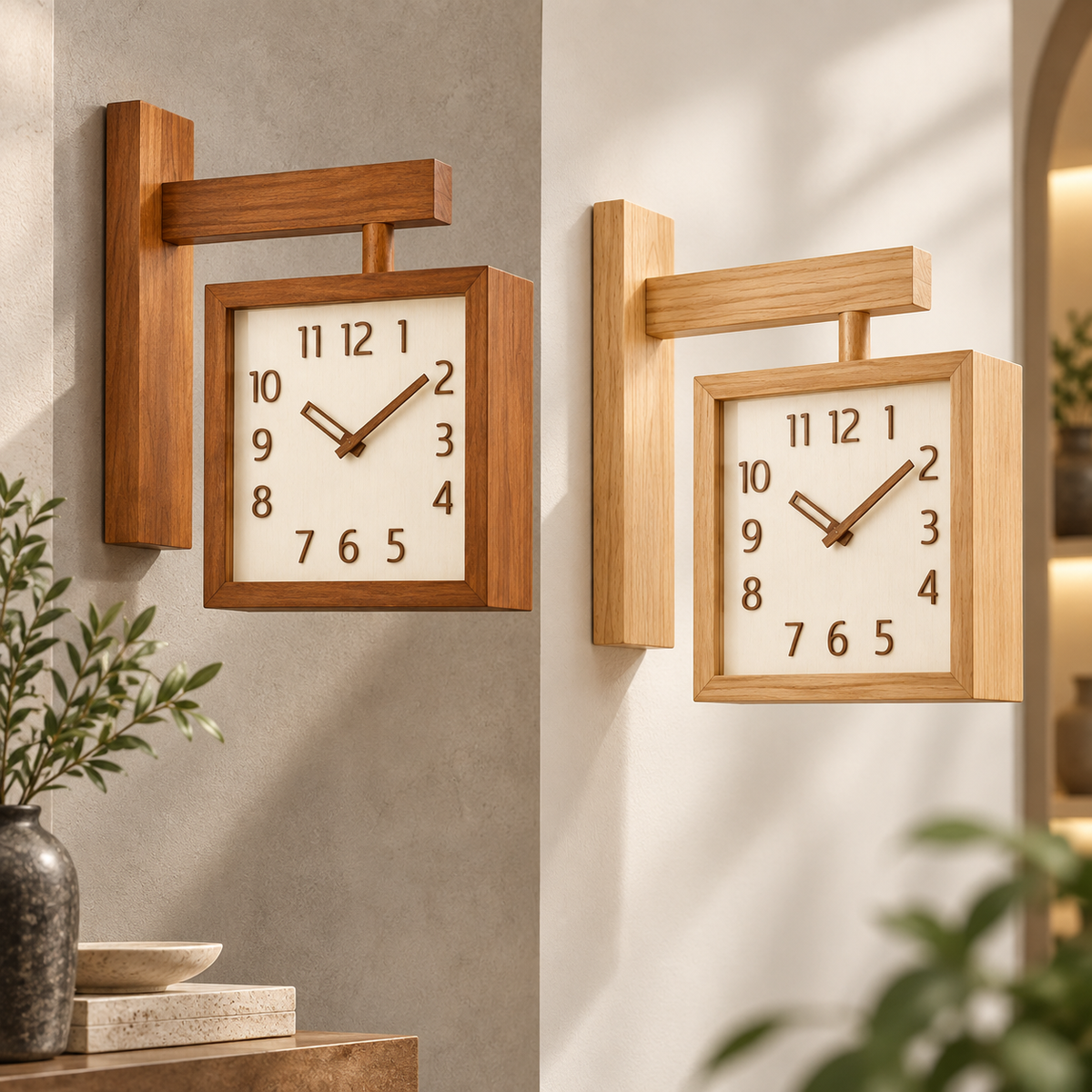 Wooden Corner Wall Clock – Double-Sided Pendulum Clock