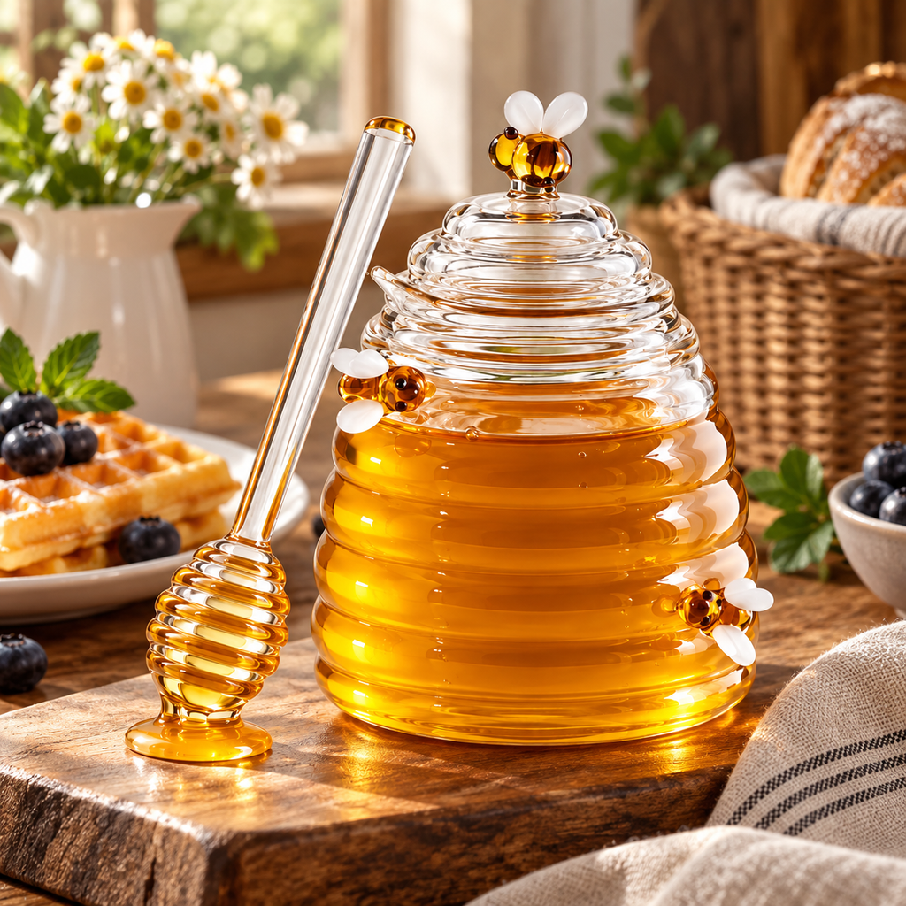 Beehive Honey Jar with Dipper – Glass Honey Pot