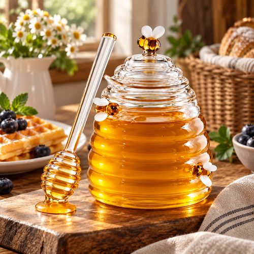 Beehive Honey Jar with Dipper – Glass Honey Pot