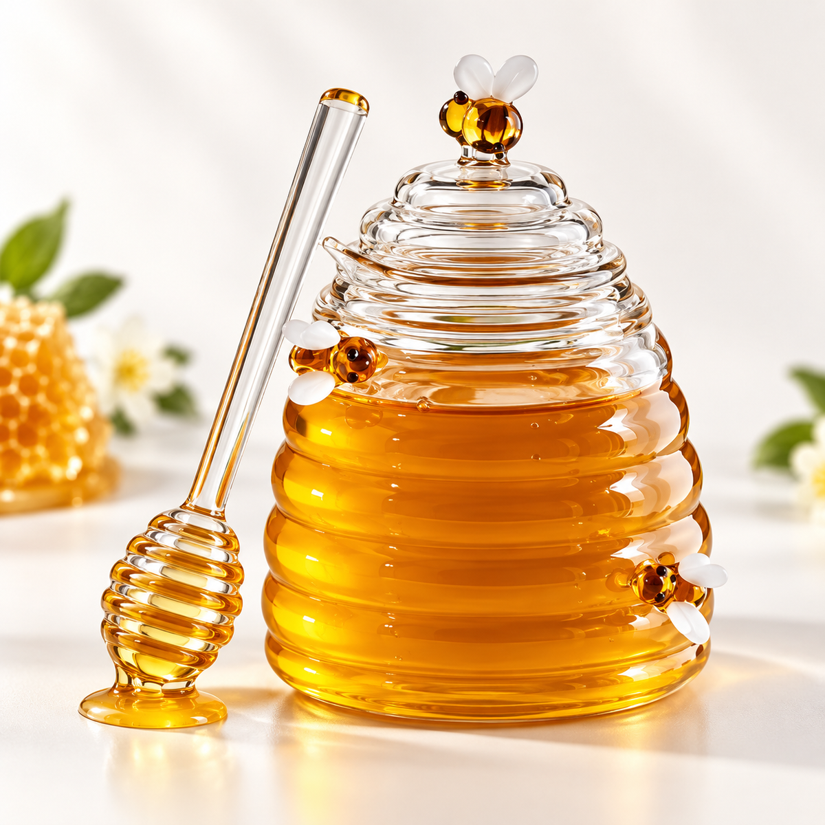 Beehive Honey Jar with Dipper – Glass Honey Pot