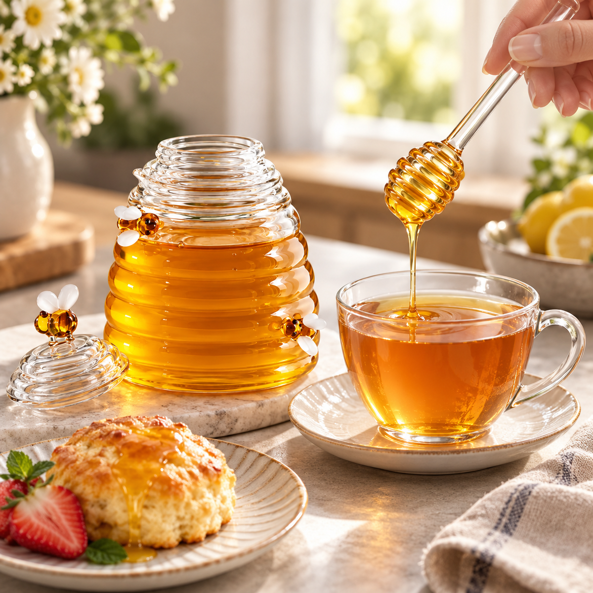 Beehive Honey Jar with Dipper – Glass Honey Pot