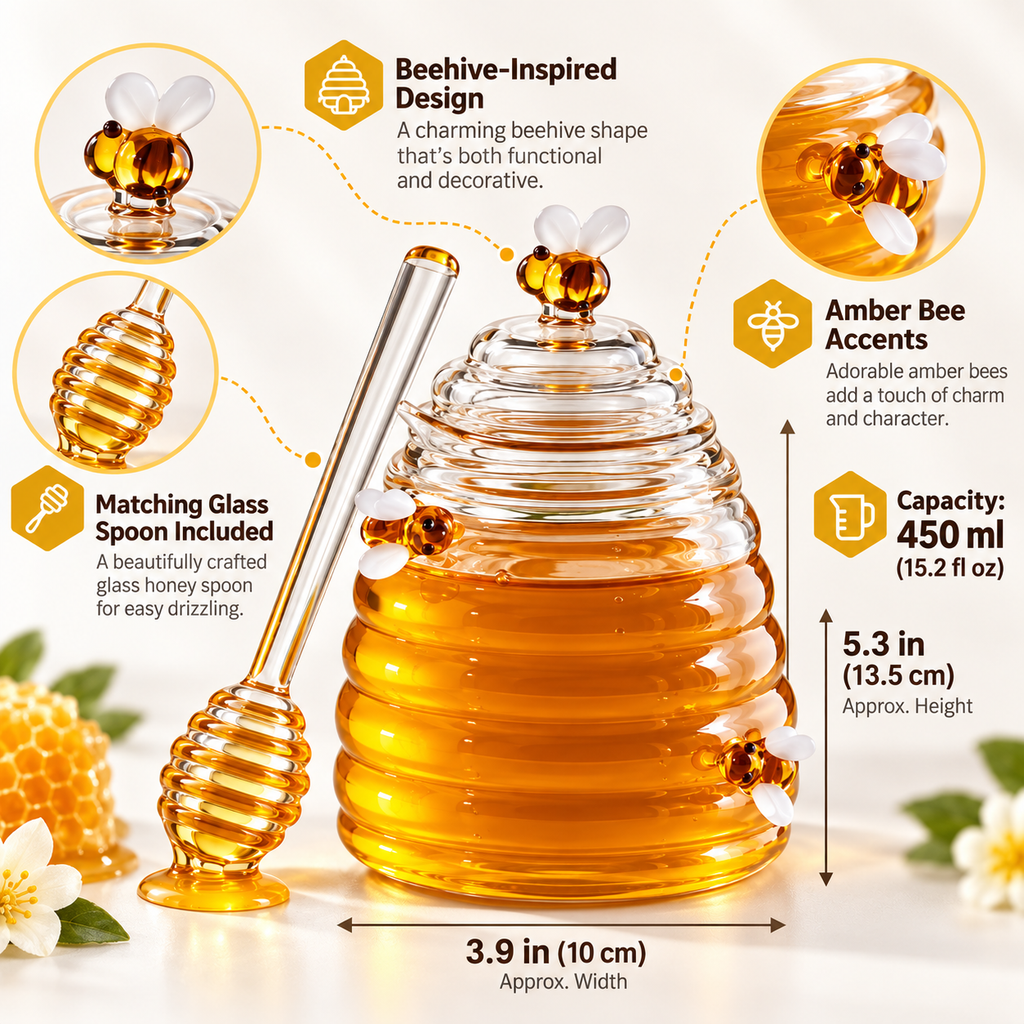 Beehive Honey Jar with Dipper – Glass Honey Pot