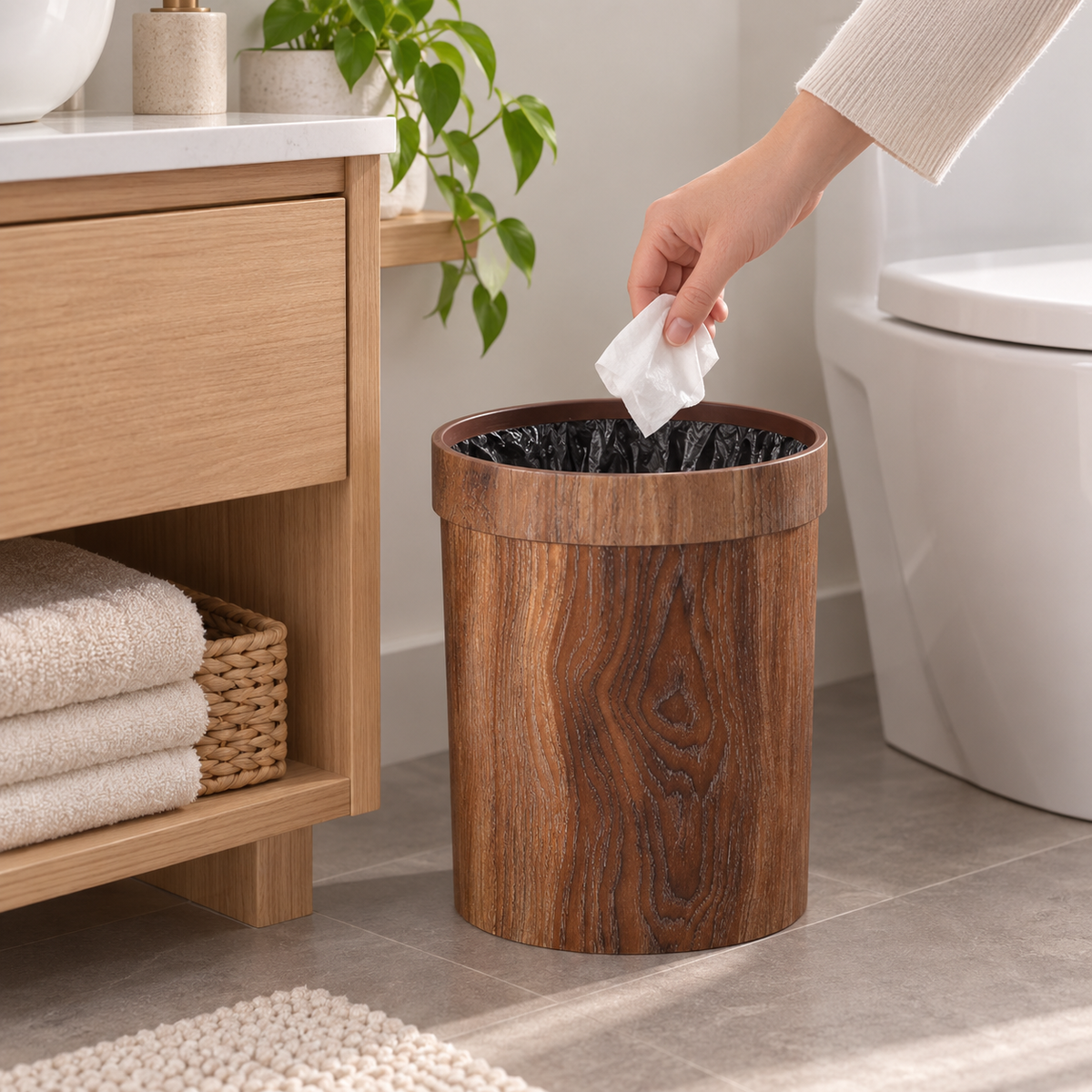 Wooden Trash Can with Lid – Minimalist Bathroom Waste Bin
