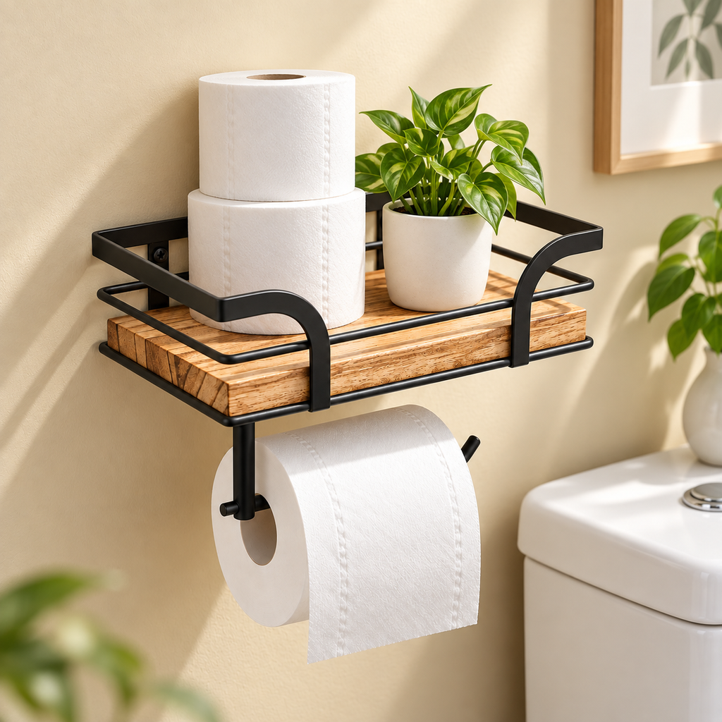 Bathroom Shelf with Towel Bar – Iron & Wood Wall Shelf