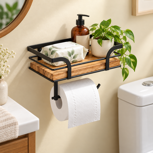 Bathroom Shelf with Towel Bar – Iron & Wood Wall Shelf