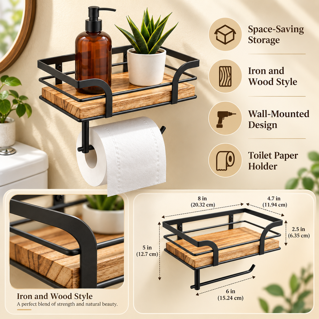 Bathroom Shelf with Towel Bar – Iron & Wood Wall Shelf