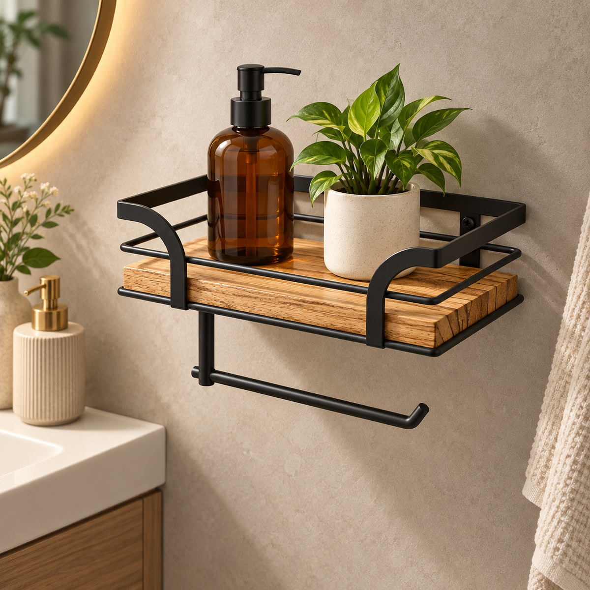 Bathroom Shelf with Towel Bar – Iron & Wood Wall Shelf