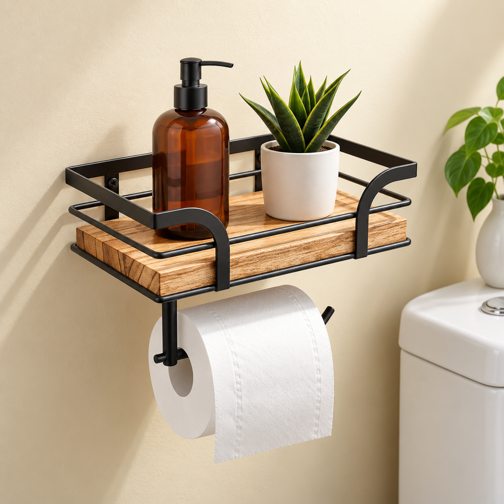 Bathroom Shelf with Towel Bar – Iron & Wood Wall Shelf