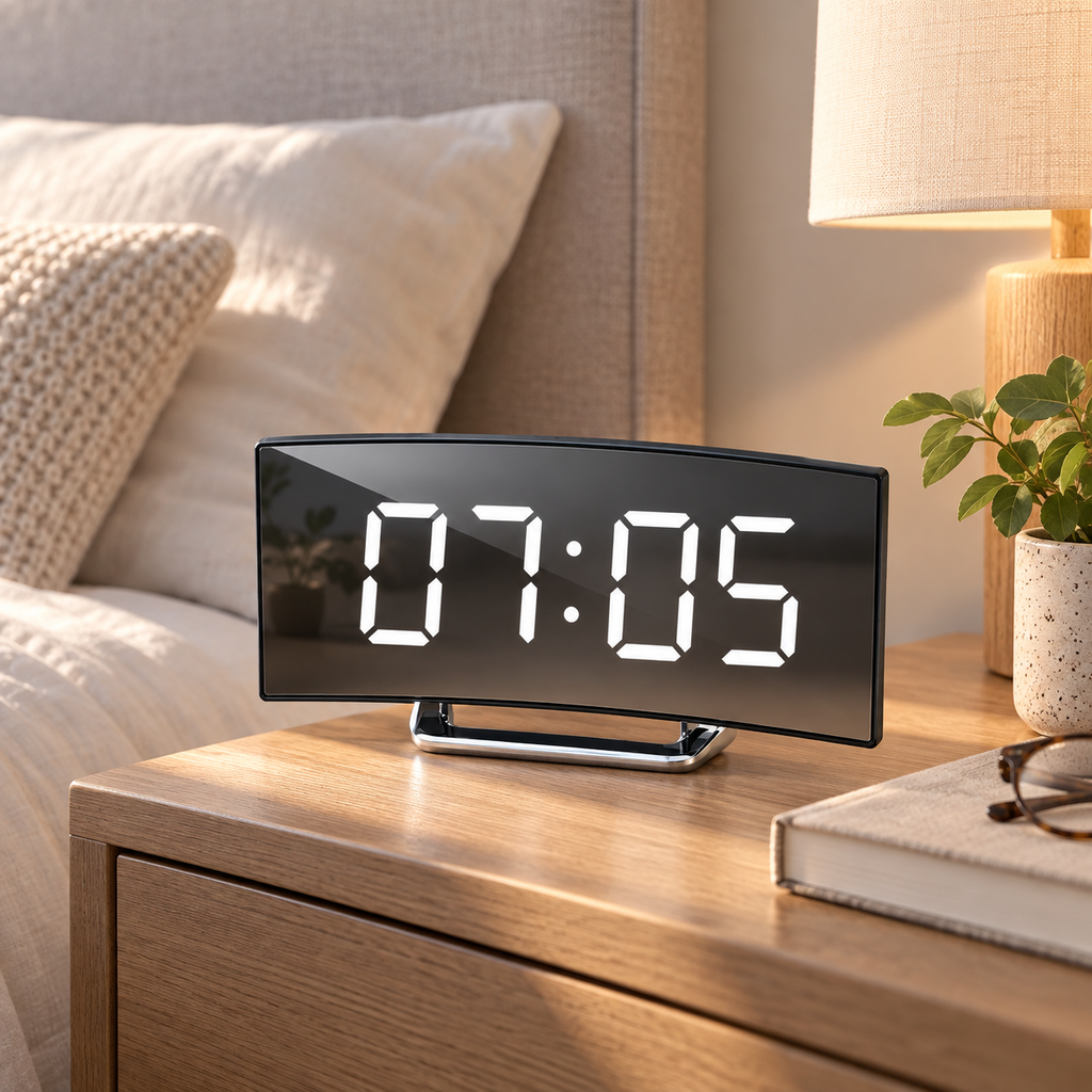 Mirror LED Digital Alarm Clock – Curved Modern Desk Clock