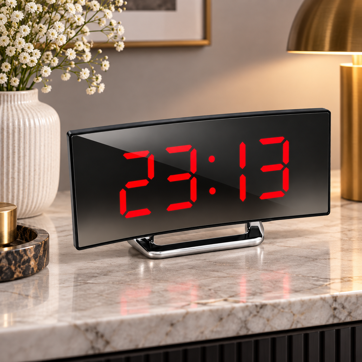 Mirror LED Digital Alarm Clock – Curved Modern Desk Clock