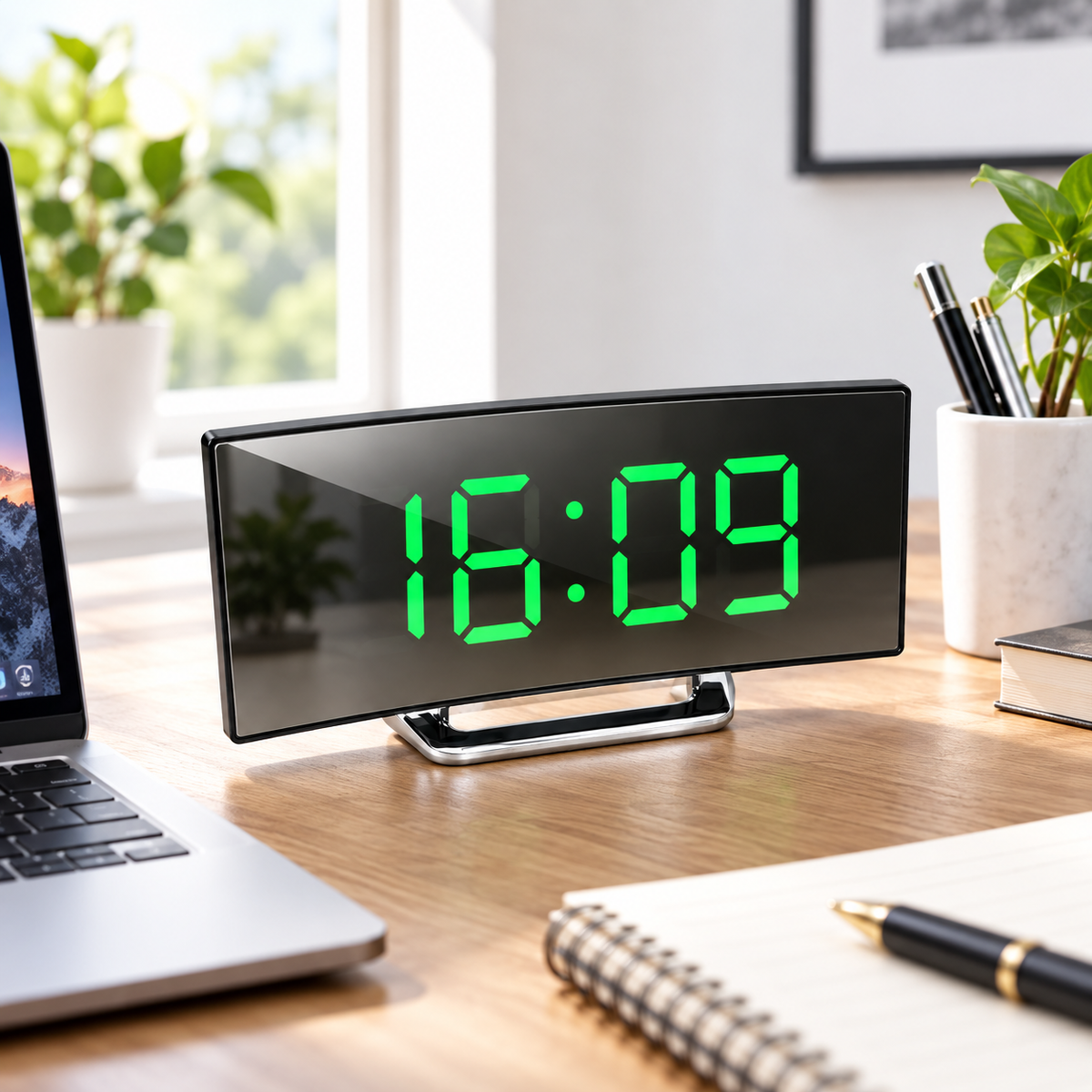 Mirror LED Digital Alarm Clock – Curved Modern Desk Clock