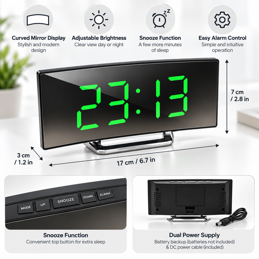Mirror LED Digital Alarm Clock – Curved Modern Desk Clock