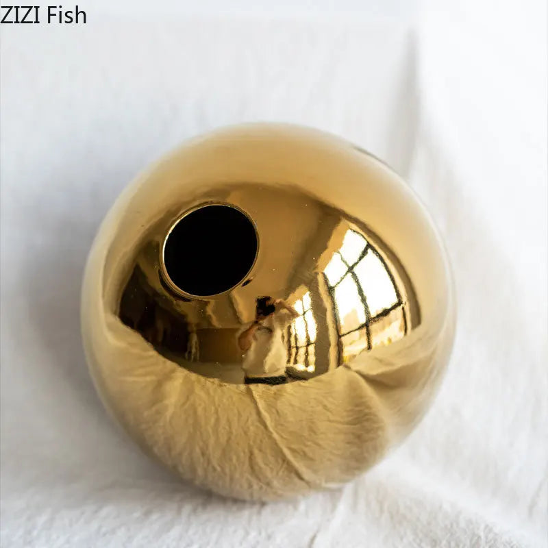 Gilded Sphere Ceramic Vase – Gold Accent Round Decorative Vase