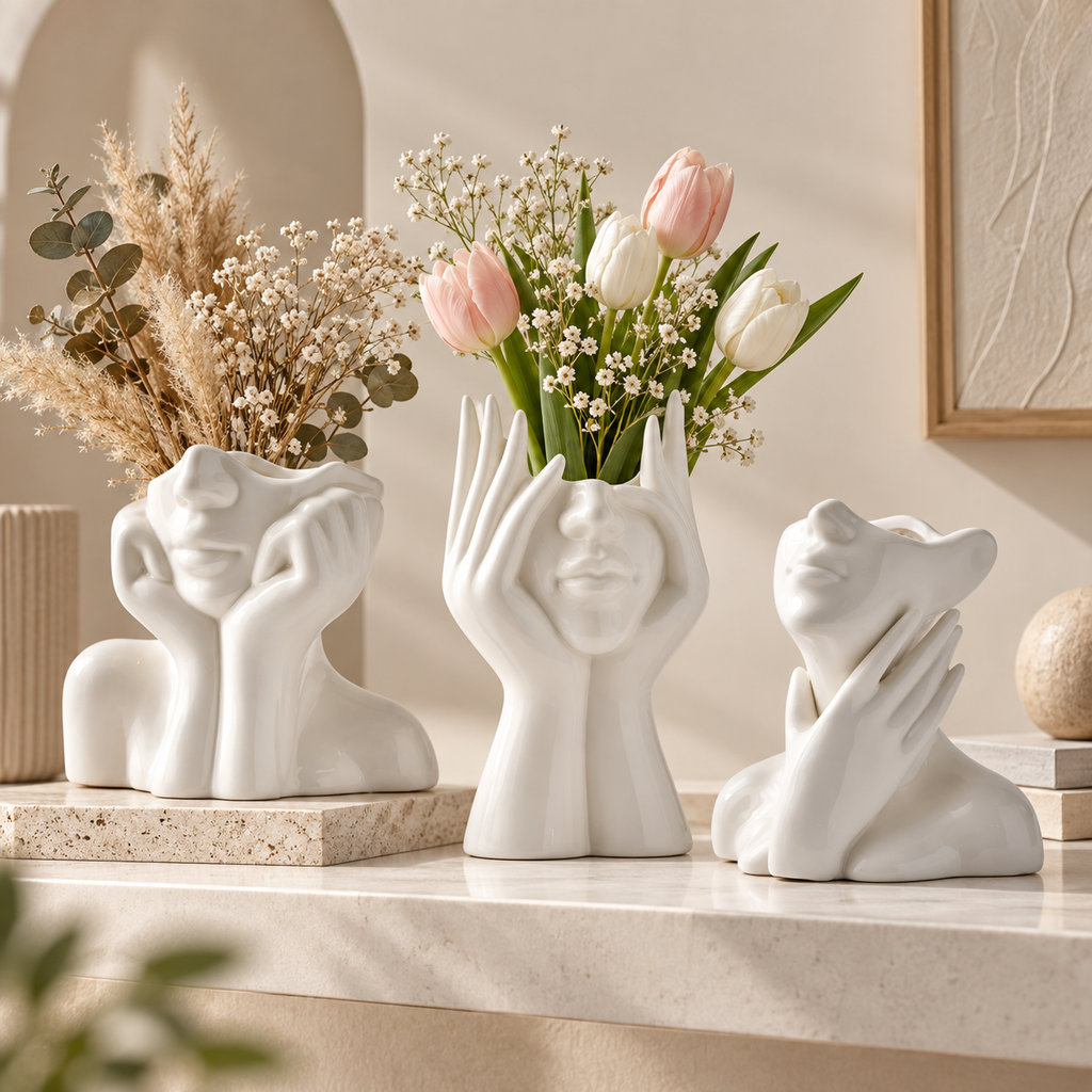 Sculpted Face Vase – Handmade Ceramic Flower Vase Decor