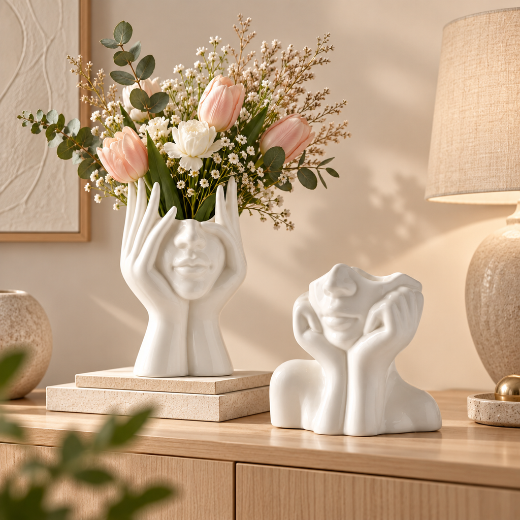 Sculpted Face Vase – Handmade Ceramic Flower Vase Decor