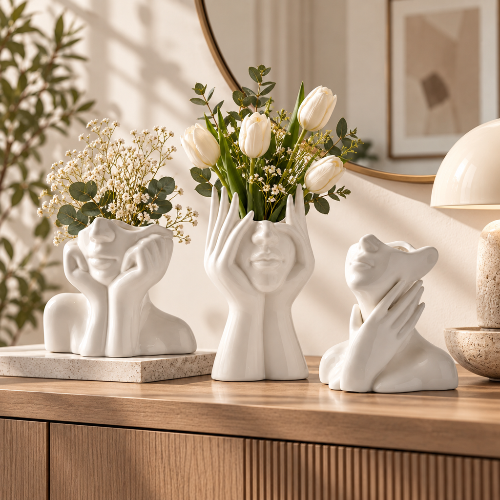 Sculpted Face Vase – Handmade Ceramic Flower Vase Decor