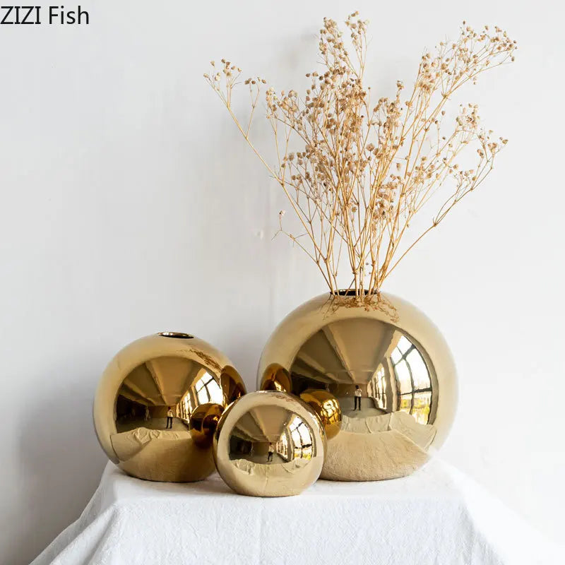 Gilded Sphere Ceramic Vase – Gold Accent Round Decorative Vase