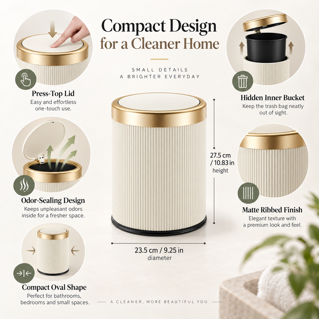 Press-Top Trash Can with Lid – Oval Odor-Control Bin