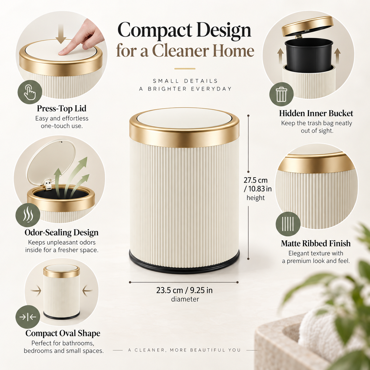 Press-Top Trash Can with Lid – Oval Odor-Control Bin