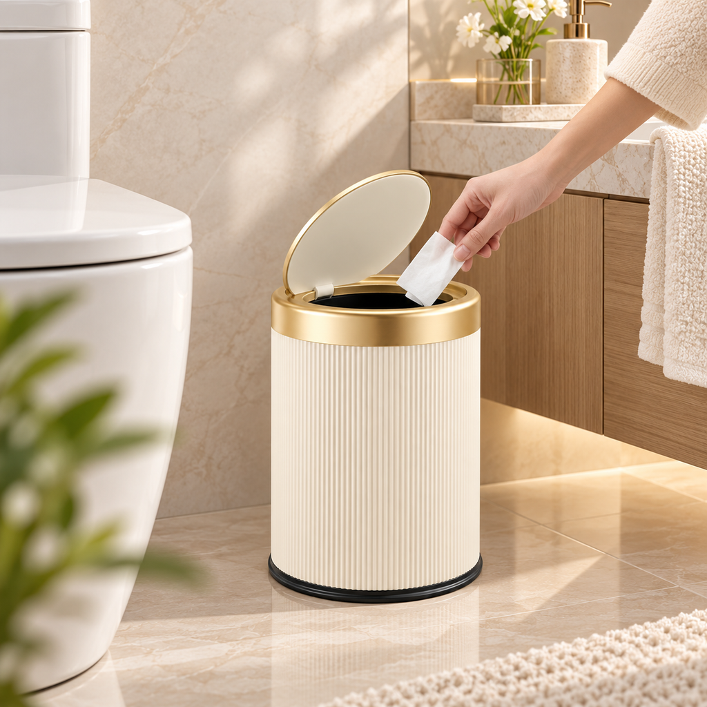 Press-Top Trash Can with Lid – Oval Odor-Control Bin