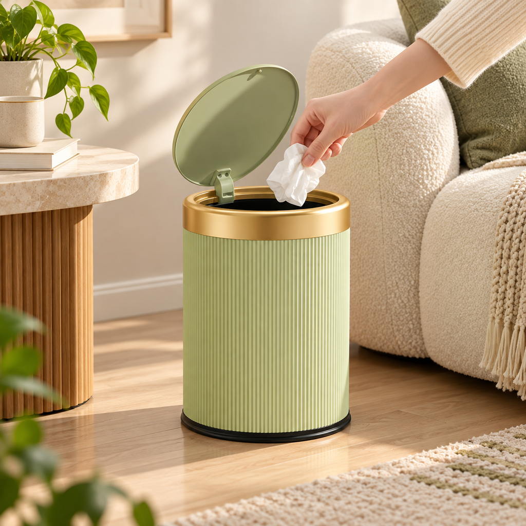 Press-Top Trash Can with Lid – Oval Odor-Control Bin