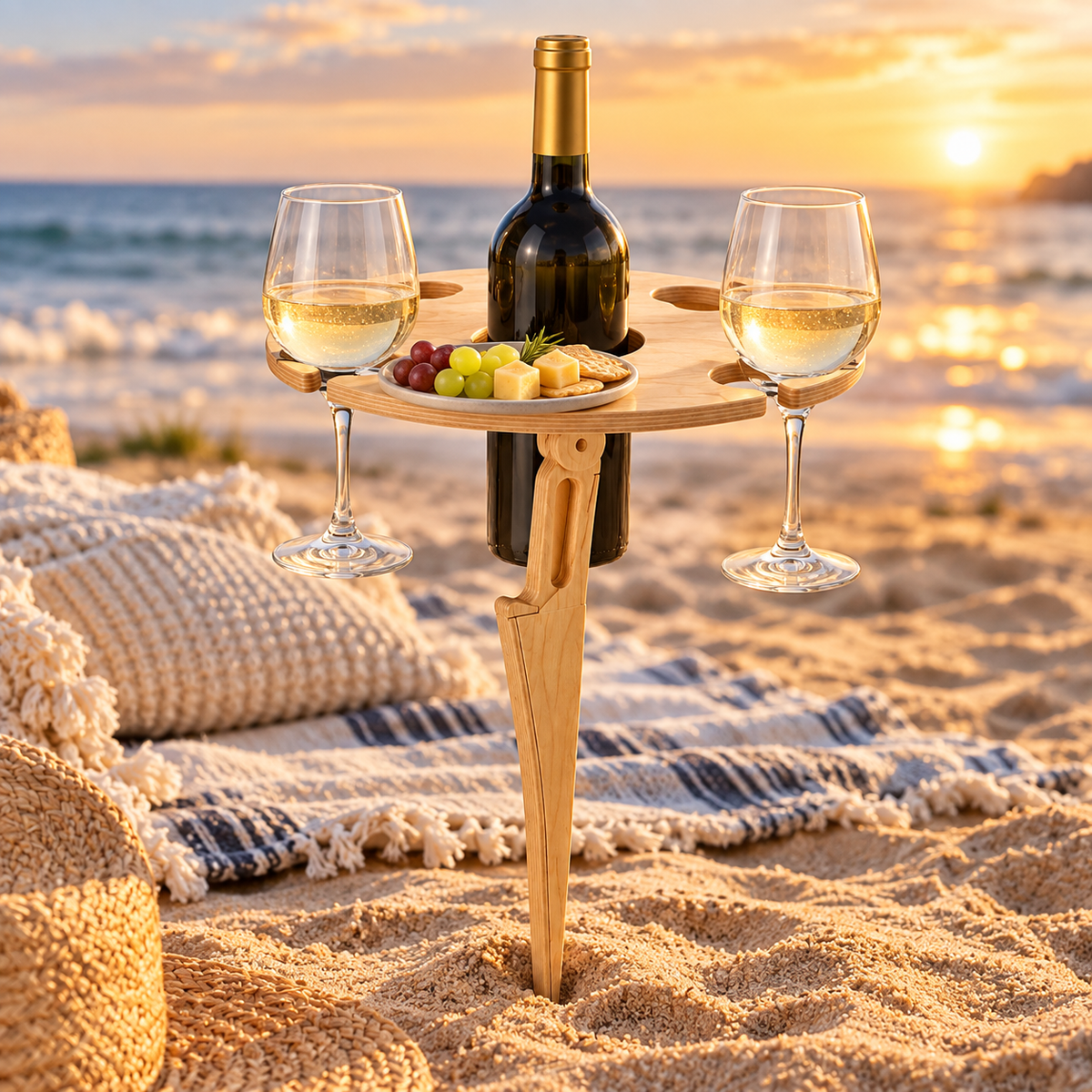 Folding Wine Picnic Table – Portable Wooden Beach Table