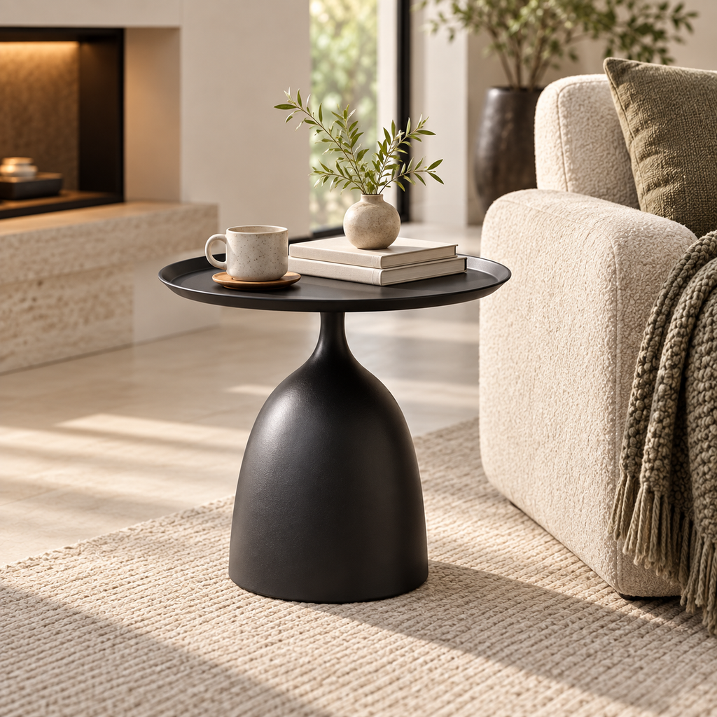 Round Metal Side Table – Pedestal End Table, Scandinavian