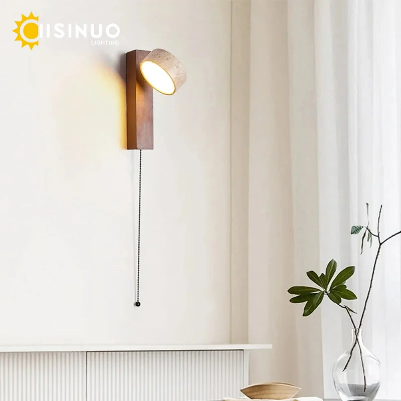 Travertine Wall Sconce – Adjustable Stone & Wood Bedside Wall Light