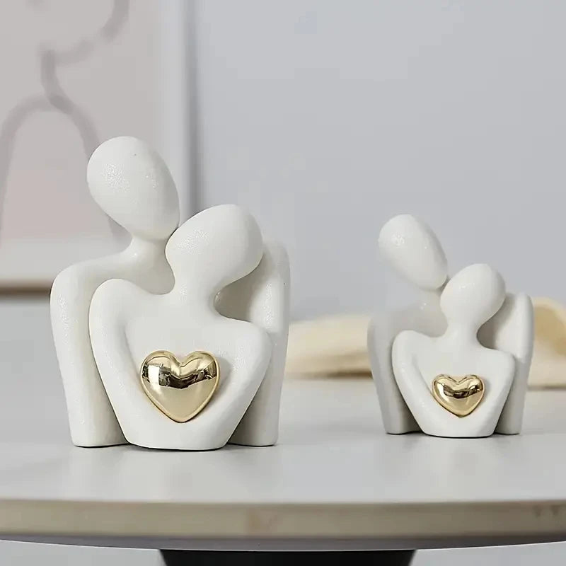 Small Couple Figurine – Embrace Sculpture with Gold Heart