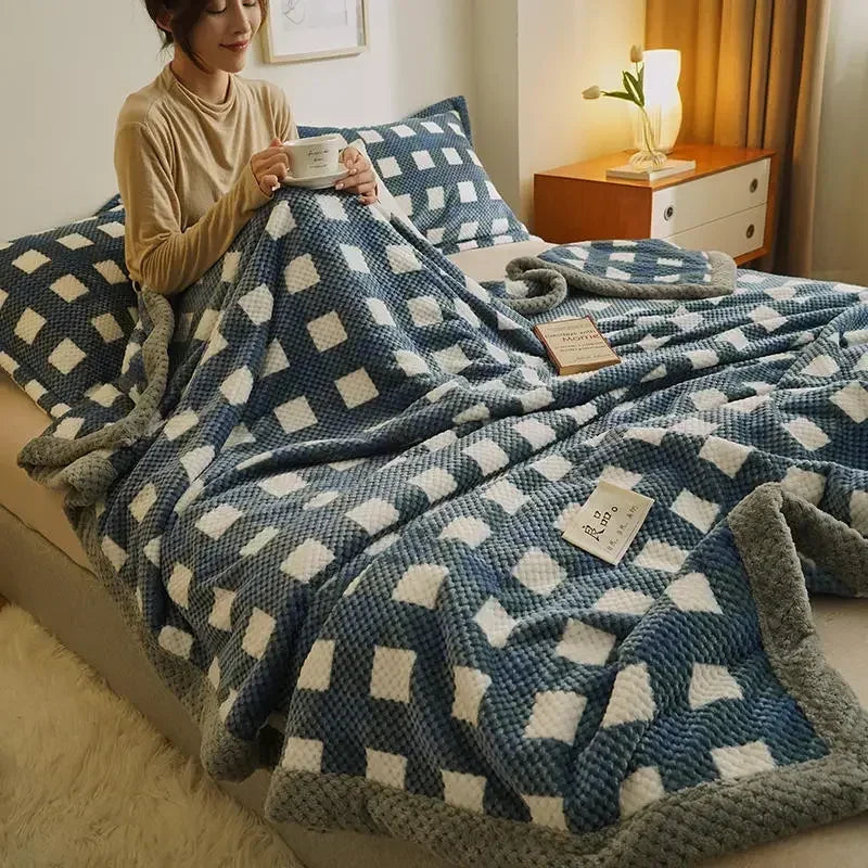 Chunky Chenille Knit Throw Blanket – Soft Checkered Sofa & Bed Throw
