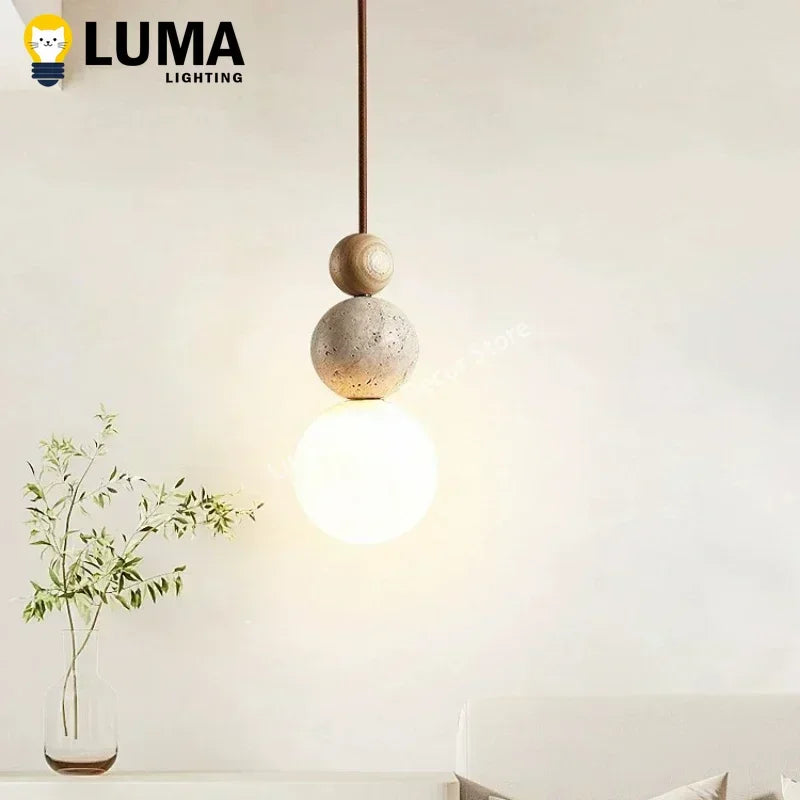 Travertine & Wood Pendant Light – Natural Stone Kitchen Island Light