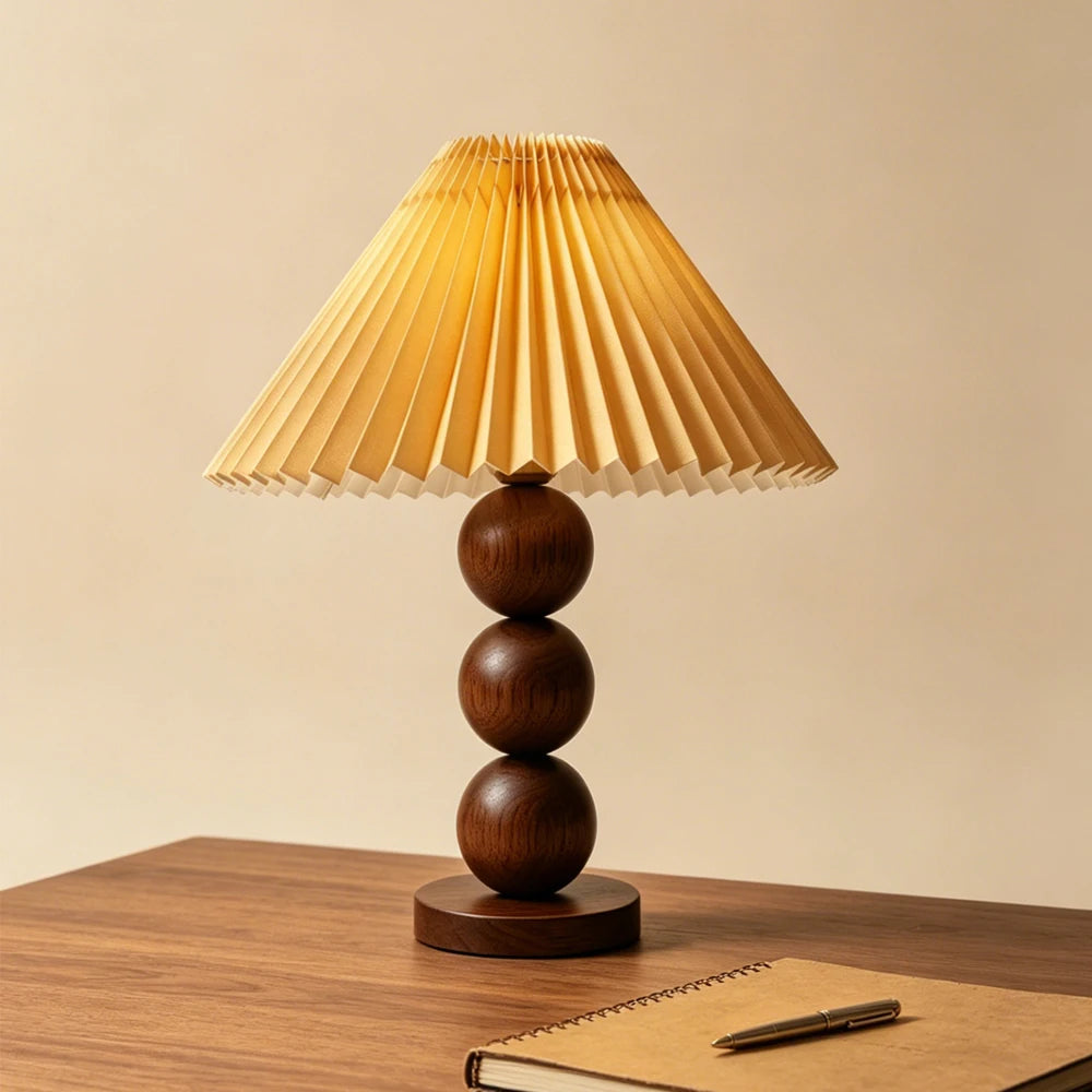 Pleated Shade Wooden Table Lamp – Turned Wood Bedside Lamp in 2 Sizes