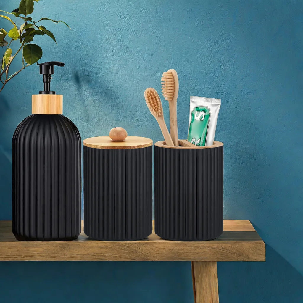 Ribbed Bathroom Accessory Set – Soap Dispenser, Tumbler & Storage Jar