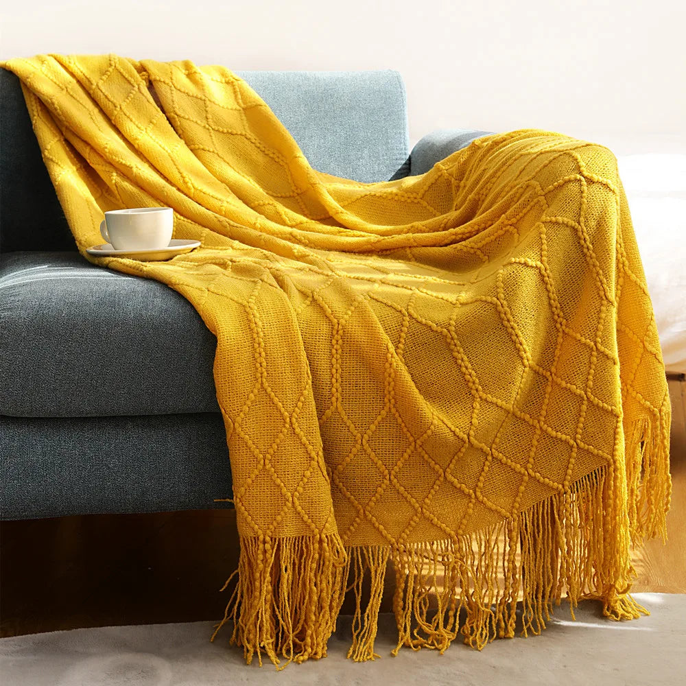 Diamond Knit Tassel Throw Blanket – Textured Throw for Sofa & Bed
