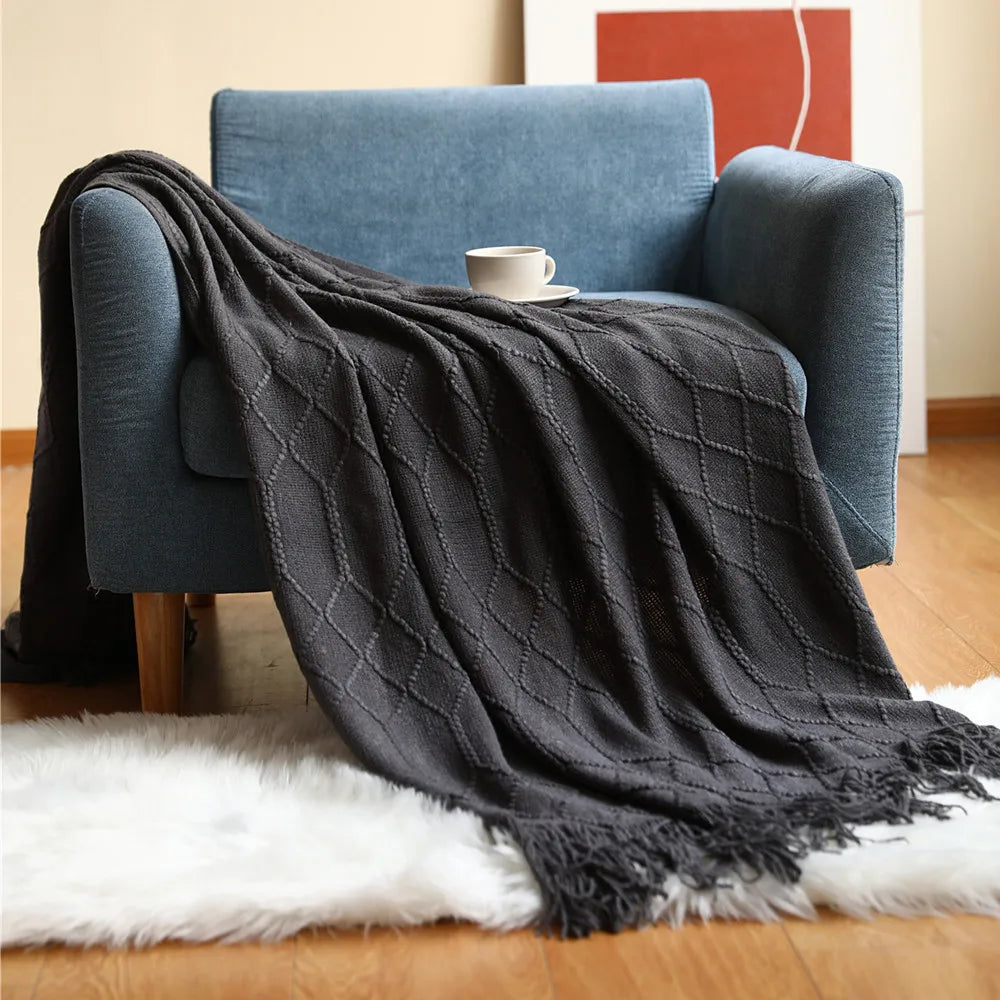 Diamond Knit Tassel Throw Blanket – Textured Throw for Sofa & Bed
