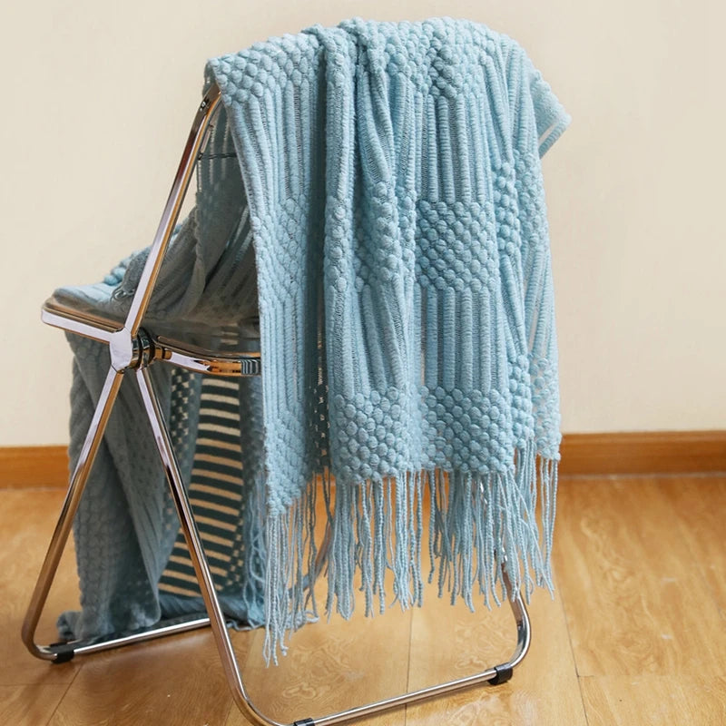 Diamond Knit Tassel Throw Blanket – Textured Throw for Sofa & Bed