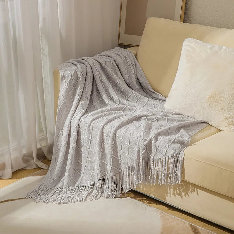 Diamond Knit Tassel Throw Blanket – Textured Throw for Sofa & Bed