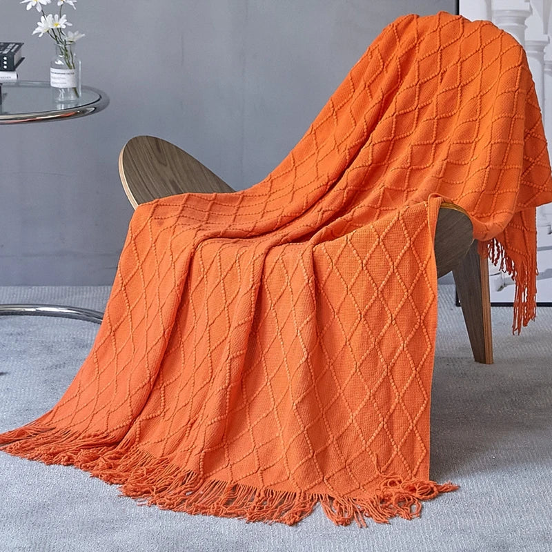 Diamond Knit Tassel Throw Blanket – Textured Throw for Sofa & Bed