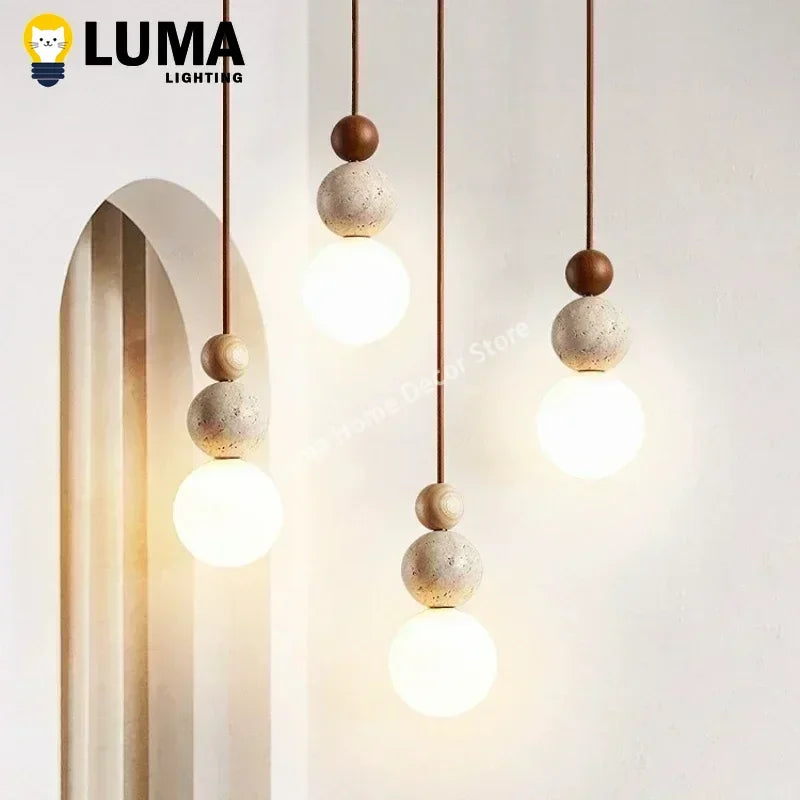 Travertine & Wood Pendant Light – Natural Stone Kitchen Island Light