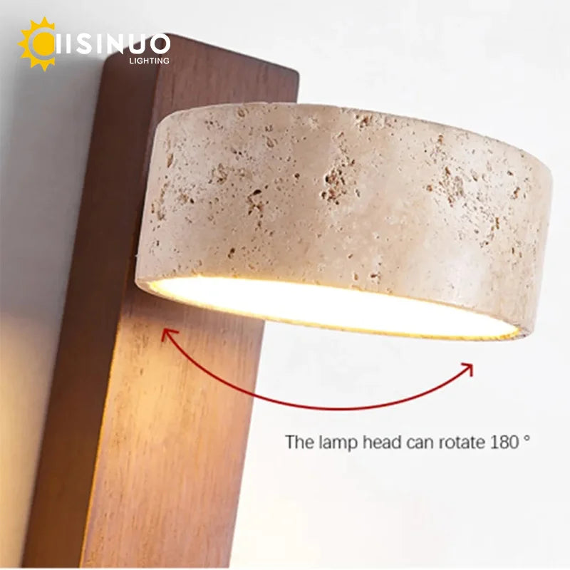Travertine Wall Sconce – Adjustable Stone & Wood Bedside Wall Light