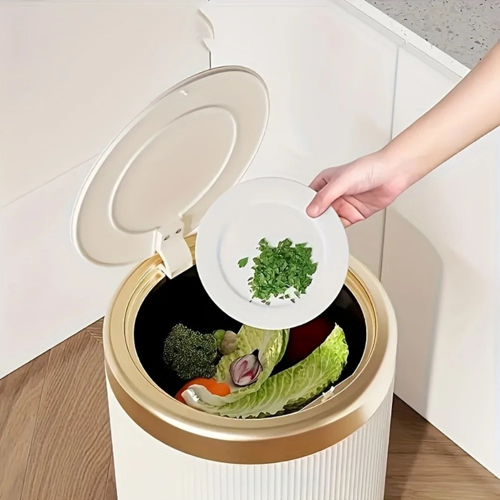 Press-Top Trash Can with Lid – Ribbed Round Bin, 12L or 15L