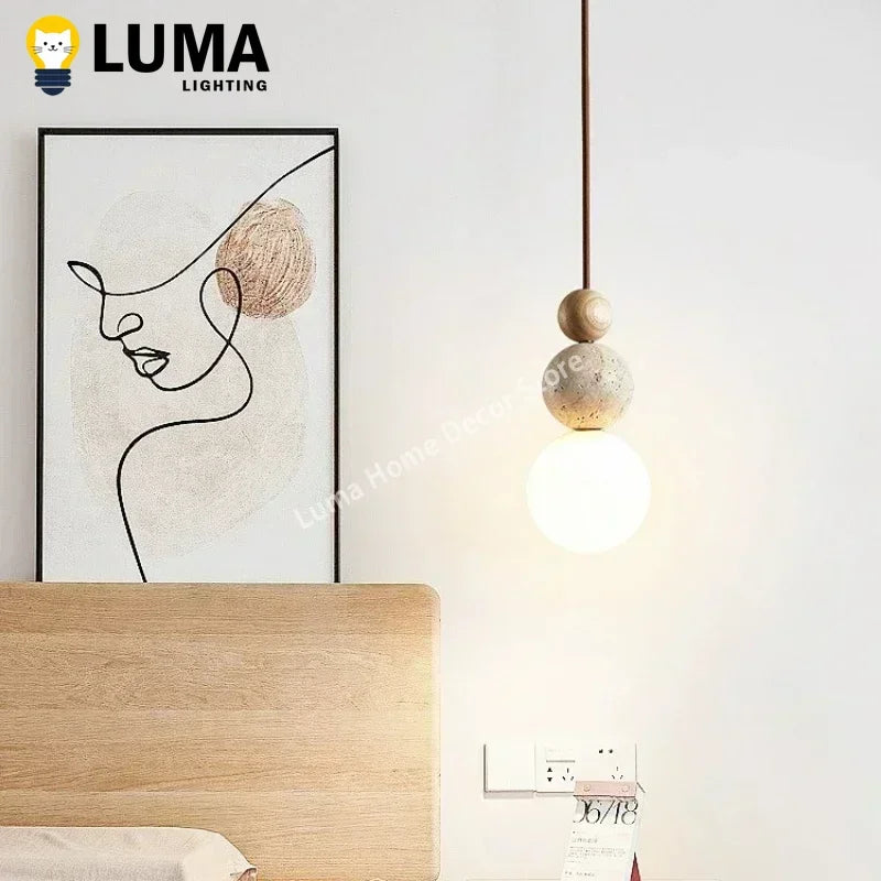 Travertine & Wood Pendant Light – Natural Stone Kitchen Island Light