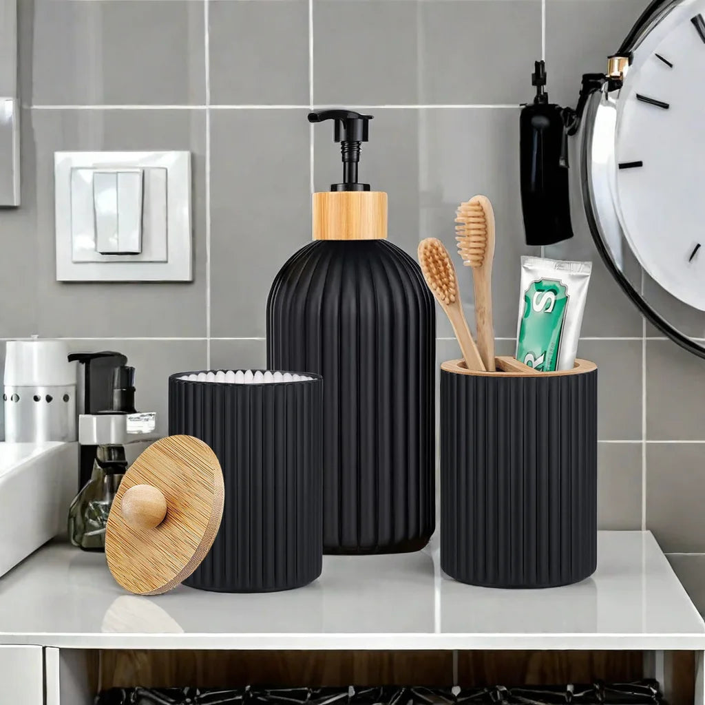 Ribbed Bathroom Accessory Set – Soap Dispenser, Tumbler & Storage Jar