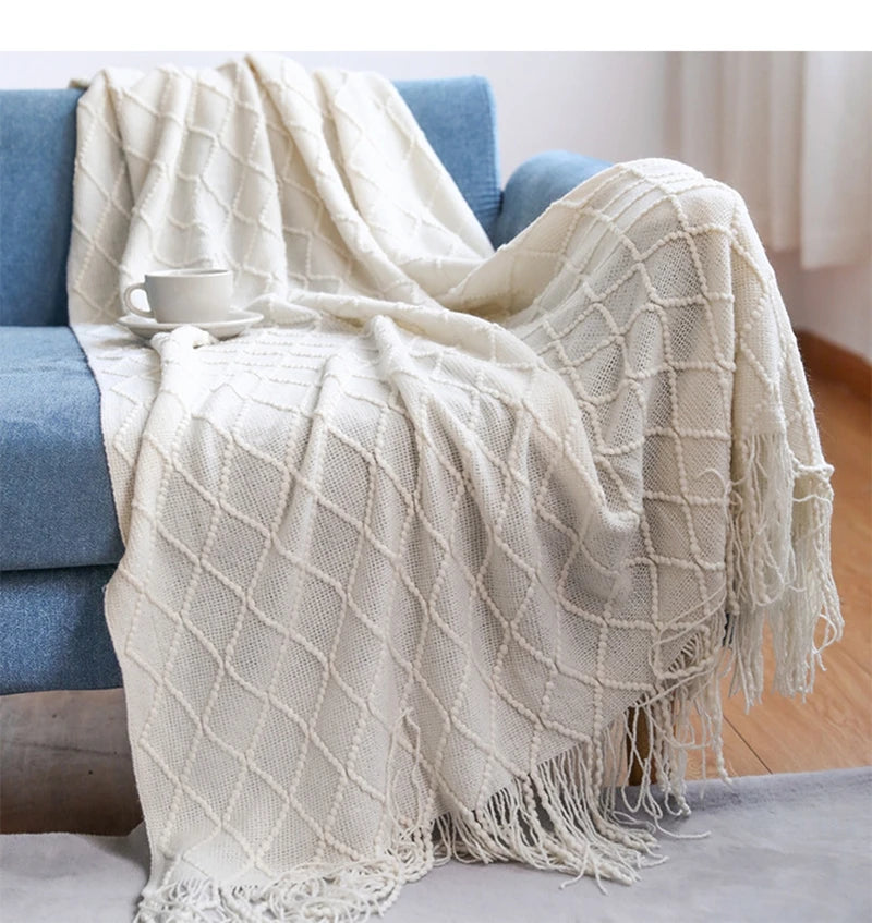 Diamond Knit Tassel Throw Blanket – Textured Throw for Sofa & Bed
