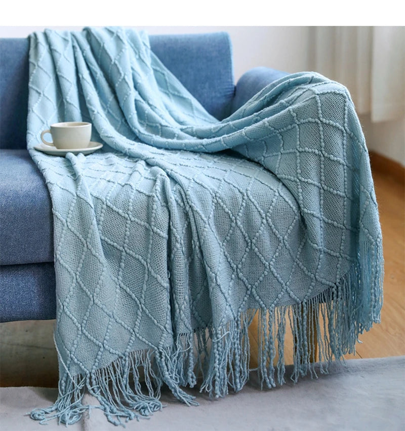 Diamond Knit Tassel Throw Blanket – Textured Throw for Sofa & Bed