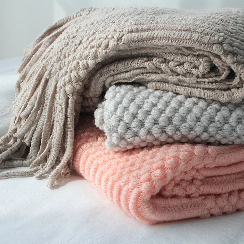 Diamond Knit Tassel Throw Blanket – Textured Throw for Sofa & Bed