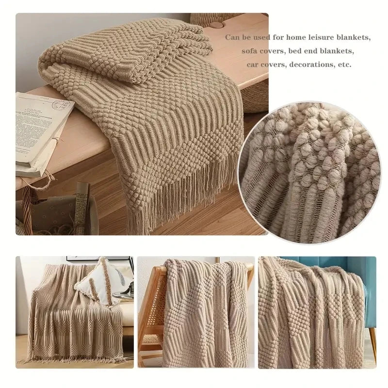 Knit Tassel Throw Blanket – Textured Throw for Sofa & Bed