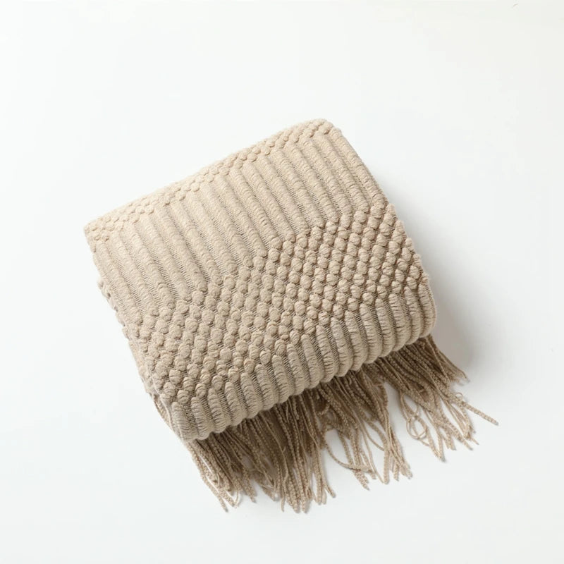 Knit Tassel Throw Blanket – Textured Throw for Sofa & Bed